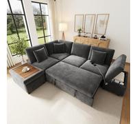 Canapé d'angle convertible en L,canapé convertible 6 places,canapé lit avec fonction couchage commutable gauche/droite,tabouret de rangement mobile,Ports USB/Type-C,3 oreillers,chenille (gris)