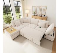 Canapé d'angle convertible en L,canapé convertible 6 places,canapé lit avec fonction couchage commutable gauche/droite,tabouret de rangement mobile,Ports USB/Type-C,3 oreillers,chenille (Beige)