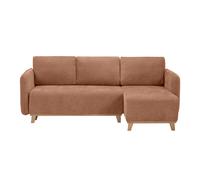Canapé d'angle convertible et réversible 3-4 places en tissu effet velours terre brûlée et bois clair ROMANE