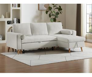 Canapé d'angle convertible et réversible en tissu beige avec coffre de rangement KORI
