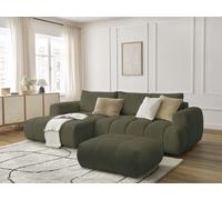 Canapé d'angle convertible FUJI tissu bouclette avec pouf vert angle gauche BOBOCHIC 3 places Angle gauche Vert