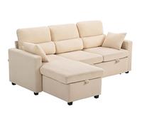 Canapé d'angle convertible - HOMCOM - 3 places - chaise longue, rangement caché, coussins - velours côtelé - 205x135x76cm - beige