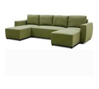 Canapé d'angle convertible panoramique PHARELL 5/6 places - Tissu olive - Coffre de rangement - L297 x P155 x H71/85 cm Vert