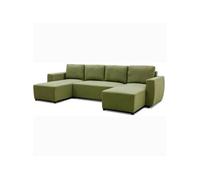 Canapé d'angle convertible panoramique PHARELL 5/6 places - Tissu olive - Coffre de rangement - L297 x P155 x H71/85 cm