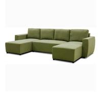 Canapé d'angle convertible panoramique PHARELL 5/6 places - Tissu olive - Coffre de rangement - L297 x P155 x H71/85 cm Vert
