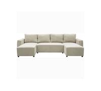 Canapé d'angle convertible panoramique PHARELL 5/6 places - Tissu velours côtelé perle - Coffre de rangement - L297 x P155 x H71/85