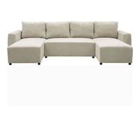 Canapé d'angle convertible panoramique PHARELL 5/6 places - Tissu velours côtelé perle - Coffre de rangement - L297 x P155 x H71/85