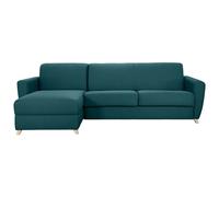 Canapé d'angle convertible réversible avec coffre 4 places en tissu bleu canard et bois clair GRAHAM