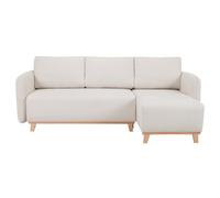 Canapé d'angle convertible et réversible 3-4 places en tissu effet velours beige et bois clair ROMANE