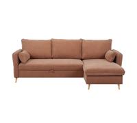 Canapé d'angle convertible réversible avec coffre 3-4 places en tissu effet velours terre brûlée et bois clair DRISS