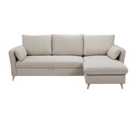 Canapé d'angle convertible réversible avec coffre 3-4 places en tissu beige et bois clair DRISS