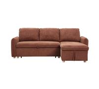 Canapé d'angle convertible réversible avec coffre 3 places en tissu chenille terre brûlée et bois clair ORSO