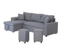 Happy Garden Canapé d'angle Convertible Tony 3 Places en Tissu Gris chiné. Canapé avec méridienne réversible, Coffre de Rangement et poufs.