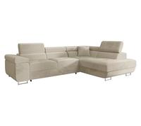 Canapé d'angle Convertible Torezio avec Coffre de lit et appuie-tête réglable. Angle Droit en Tissu Beige