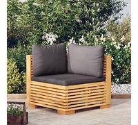 Canapé d'angle de jardin en bois de teck massif avec coussins gris foncé, canapé extérieur confortable pour terrasse et patio, mobilier de jardin résistant aux intempéries, et coussins moelleux