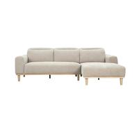 Canapé d'angle droit 3 places avec têtières ajustables en tissu effet velours texturé beige et bois clair HORACIO