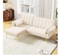 Canapé d'angle droit 3 places，canapé pliant avec fonction couchage，Dossier ajustable, sac de rangement,velours,Beige,191x130x80