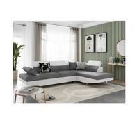 Canapé d'angle droit 5 places RIO convertible avec coffre en tissu et simili - Blanc/Gris - L271 x P192 x H70cm - LOUNGITUDE