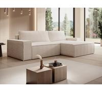 Canapé d'angle droit convertible en velours côtelé grosses côtes beige AMELIA