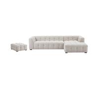 Canapé d'angle droit et pouf en tissu chiné beige DILOME