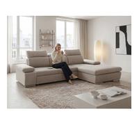 Canapé d'angle Droit PABLO - 5 places - Convertible avec Coffre - Tissu Velours Mélangé - Beige