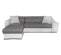 Canapé d'angle ELONA convertible bi-matière Blanc et Gris avec poufs de rangement à droite
