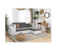 Canapé d'angle ELONA convertible bi-matière Blanc et Gris avec poufs de rangement à gauche - L264 x P162 x H75cm - LOUNGITUDE