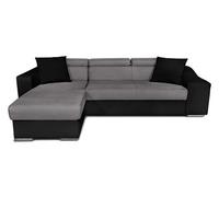 Canapé d'angle ELONA convertible bi-matière Gris et Noir avec poufs de rangement à droite