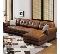 Canapé d'angle en Cuir Marron Clair, Style médiéval rétro, Luxueux et Simple, Structure en Bois Massif, spacieux et Moelleux, Grande Taille Moderne, idéal pour Salon/Bureau/Appartement.