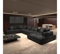 Canapé d'angle en Cuir Noir de Style Italien Simple et Luxueux, spacieux et Confortable avec Une Structure en Bois Massif, de Grande Taille et Moderne, idéal pour Un Salon,Un Bureau ou Un Appartement