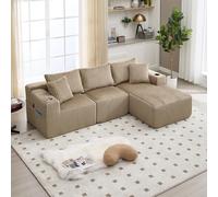 Canapé d'angle en Forme de L,257 cm Canapé Sectionnel Modulaire en Velours Côtelé, Canapé Compressé,2 Porte-gobelet,5 Coussins,Canapé Modulaire avec Méridienne pour Salon, Aucun Assemblage Requis,Kaki