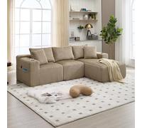 Canapé d'angle en Forme de L, 257 cm Canapé Sectionnel Modulaire en Velours Côtelé, Canapé Compressé, Siège Profond, 2 Porte-gobelet, 5 Coussins, Canapé Modulaire avec Méridienne pour Salon(J-Khaki)