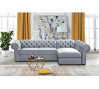 Canapé d'angle en forme de L Chester XL Canapé d'angle en forme de L avec fonction de couchage et canapé-lit Chester XL Canapé de style champêtre, tissu : paros 05 - gris clair, boutons : tissu à bout