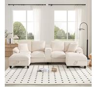 Canapé d'angle en forme de U 4 places,Velours Côtelé,Avec 2 Ports USB et Porte-gobelets,293 × 142 × 93 cm,Beige