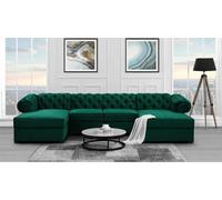 Canapé d'angle en forme de U avec fonction de couchage et repose-pieds Chester Canapé en forme de U dans le style Chesterfield, tissu : kronos 19 - bottle green, boutons : zirconia