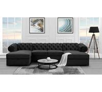Canapé d'angle en forme de U avec fonction de couchage et repose-pieds Chester Canapé en forme de U dans le style Chesterfield, tissu : kronos 07 - black, boutons : zirconia