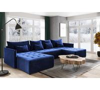 Canapé d'angle en forme de U Ben Canapé d'angle en velours avec fonction de couchage, coffre de rangement, couleur : bleu marine