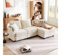 Canapé d'angle en L avec chargeur USB, canapé convertible 3 places avec repose-pieds,canapé 3 places relax avec porte-gobelet,rangement d'accoudoir et 2 oreillers,convient pour salon (Beige-1)