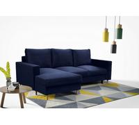 Canapé d'angle en L de style scandinave DAVE, coin avec fonction sommeil et coffre de lit, canapé d'angle avec pieds en bois (tissu : fancy 79 - bleu foncé, ottomane : gauche)