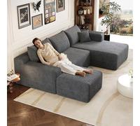 Canapé d'angle en L moderne 241 cm avec 1 tabourets,canapé 3 places en velours côtelé avec assise profonde et angle intégré,canapé convertible modulaire,Chaise longue orientée à droite,Gris foncé