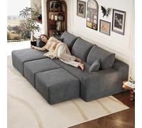 Canapé d'angle en L moderne 241 cm avec deux tabourets,canapé 3 places en velours côtelé avec assise profonde et angle intégré,canapé convertible modulaire,Chaise longue orientée à gauche,Gris foncé