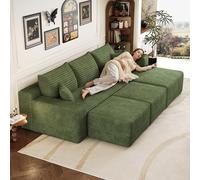 Canapé d'angle en L moderne 241 cm avec deux tabourets,canapé 3 places en velours côtelé avec assise profonde et angle intégré,canapé convertible modulaire,Chaise longue orientée à droite,Vert