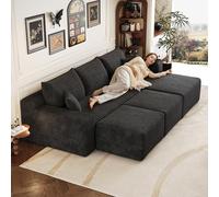 Canapé d'angle en L moderne 241 cm avec deux tabourets,canapé 3 places en velours côtelé avec assise profonde et angle intégré,canapé convertible modulaire,Chaise longue orientée à droite,Noir