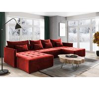 Canapé d'angle en U Canapé d'angle en velours Ben Canapé d'angle en velours Ben avec fonction de couchage Coffre de lit Canapé d'angle en U, couleur : rouge bordeaux