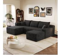 Canapé d'angle en velours côtelé, avec méridienne et pouf amovible, design modulable, style scandinave, 4 places, 280×175×85cm, noir