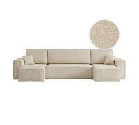 Canapé d'angle FARAH panoramique convertible 6 places en tissu bouclette - Beige