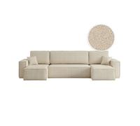 Canapé d'angle FARAH panoramique convertible 6 places en tissu bouclette - Beige