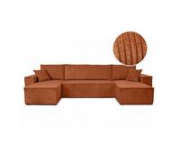 Canapé d'angle FARAH panoramique convertible 6 places en velours côtelé - Terracotta