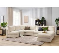 Canapé d'angle fixe 100% modulable PARIS tissu bouclette 3 chauffeuses, 1 méridienne, 1 angle, 1 pouf beige BOBOCHIC 6 places Beige