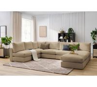 Canapé d'angle fixe 100% modulable PARIS tissu bouclette 3 chauffeuses, 1 méridienne, 1 angle, 1 pouf marron BOBOCHIC 6 places Marron